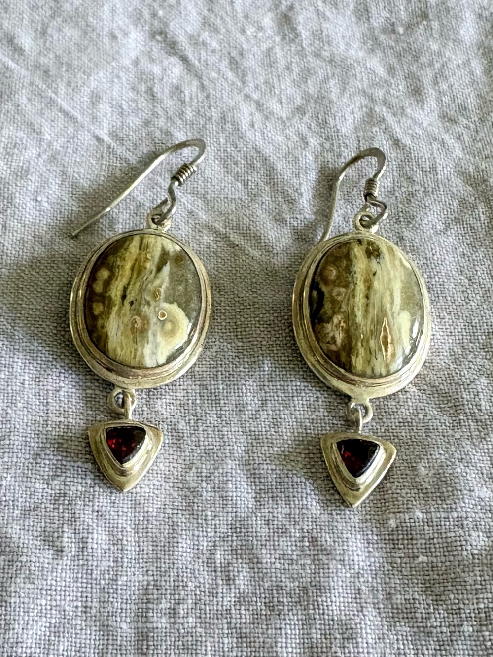 Artisan Made Green Jasper Drop Earrings with Garnet in Silver Setting